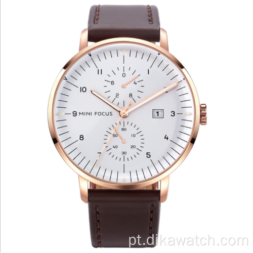 MINI 0052G Marca Moda Negócios Couro Homens Relógios de Quartzo Reloj De Hombre Chronograph Relógios de pulso à prova d&#39;água para homens